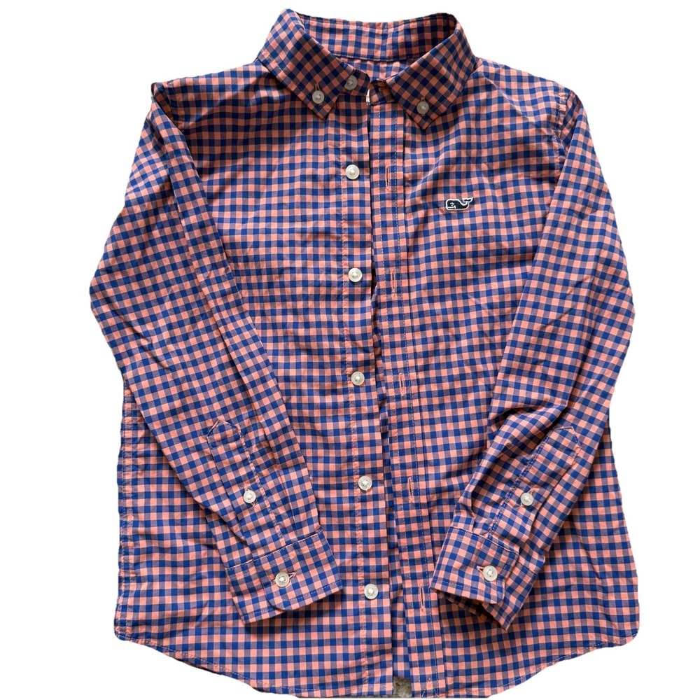 VINEYARD VINES Boys Whale Performance Sz 5 Blue Orange Dress Shirt Button Down
